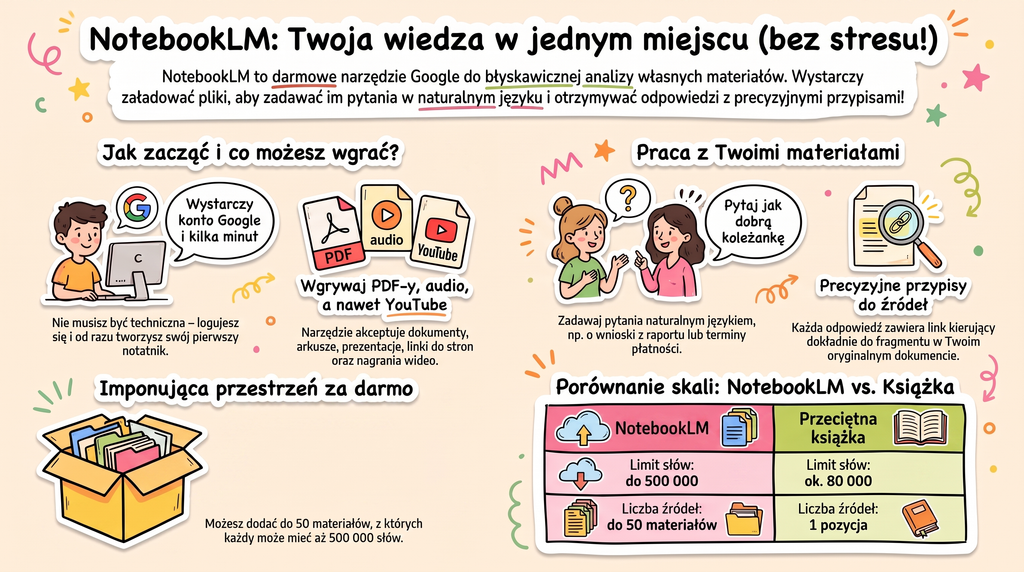 NotebookLM z wgranymi notatkami i zadanym pytaniem