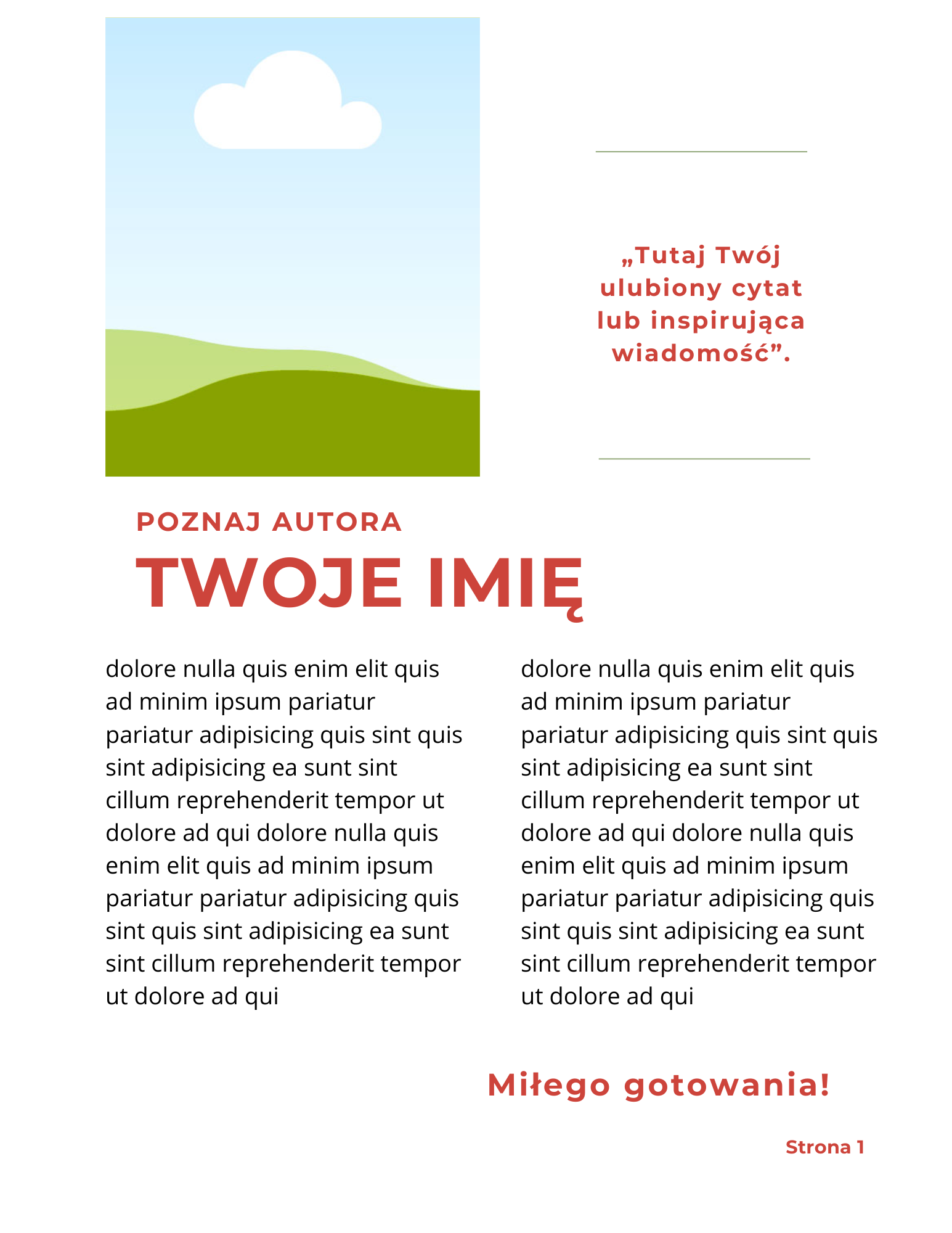 Podgląd szablonu: strona powitania od autorki