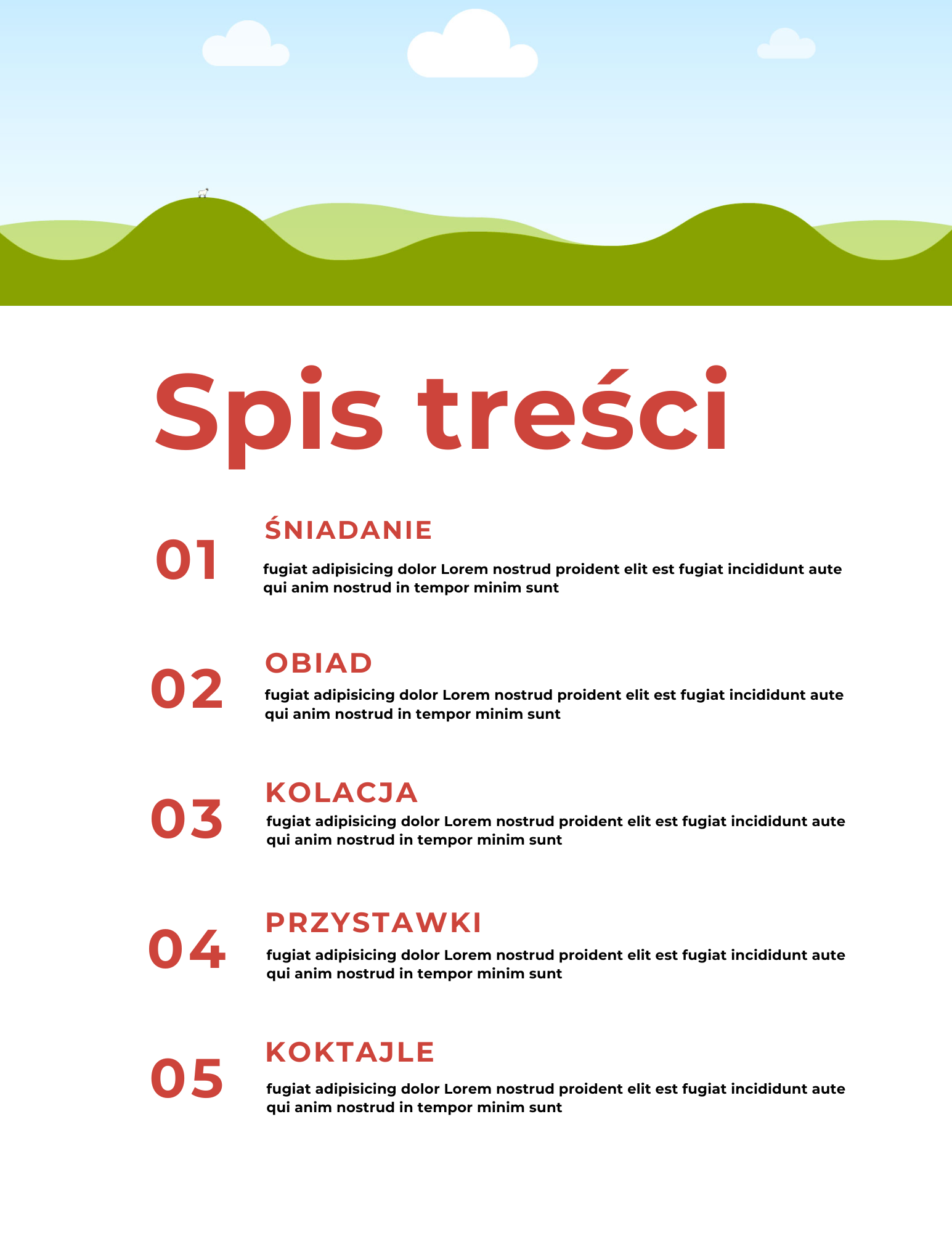 Podgląd szablonu: spis treści z podziałem na śniadania, obiady, kolacje, przystawki i koktajle