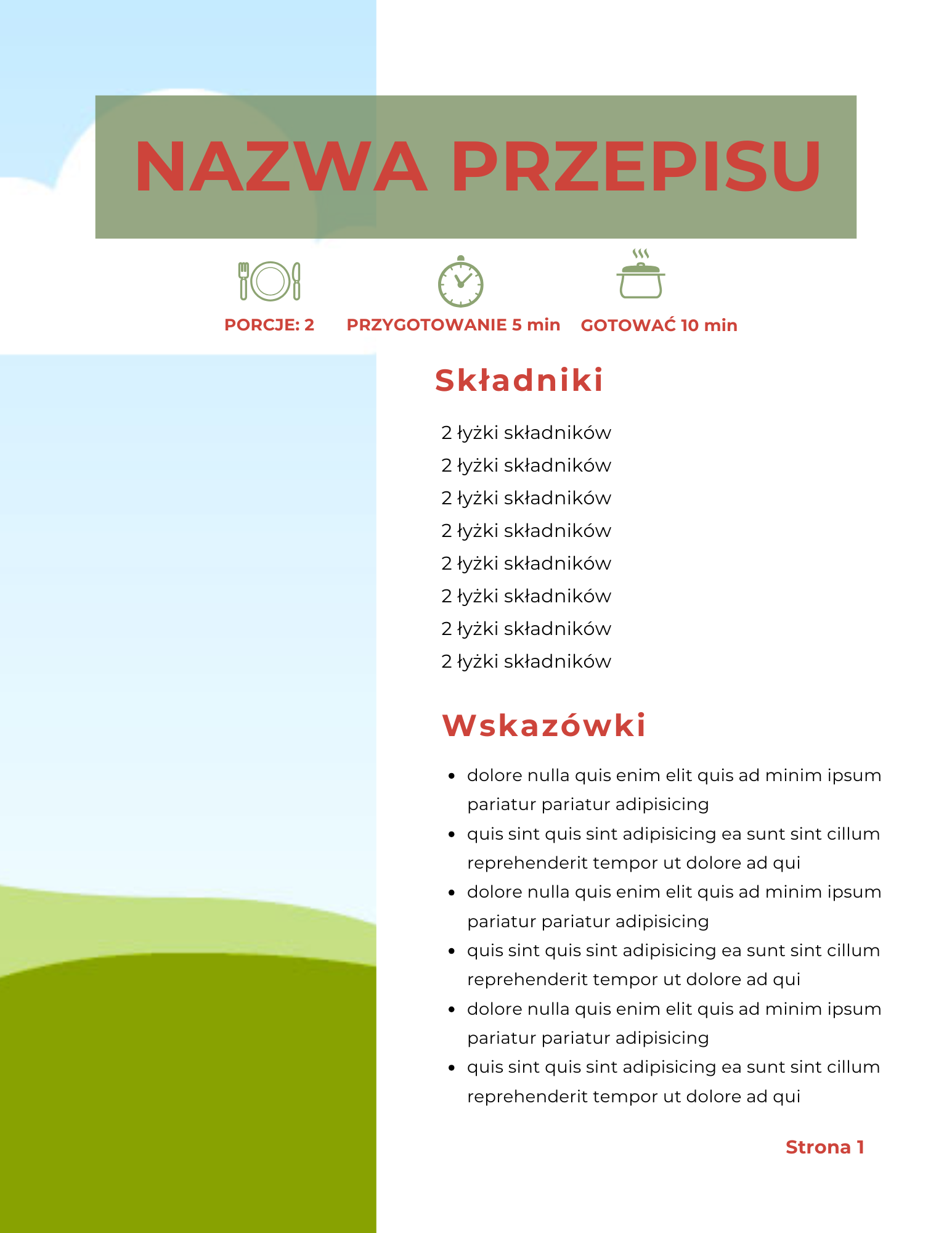 Podgląd szablonu: karta przepisu w układzie dwukolumnowym