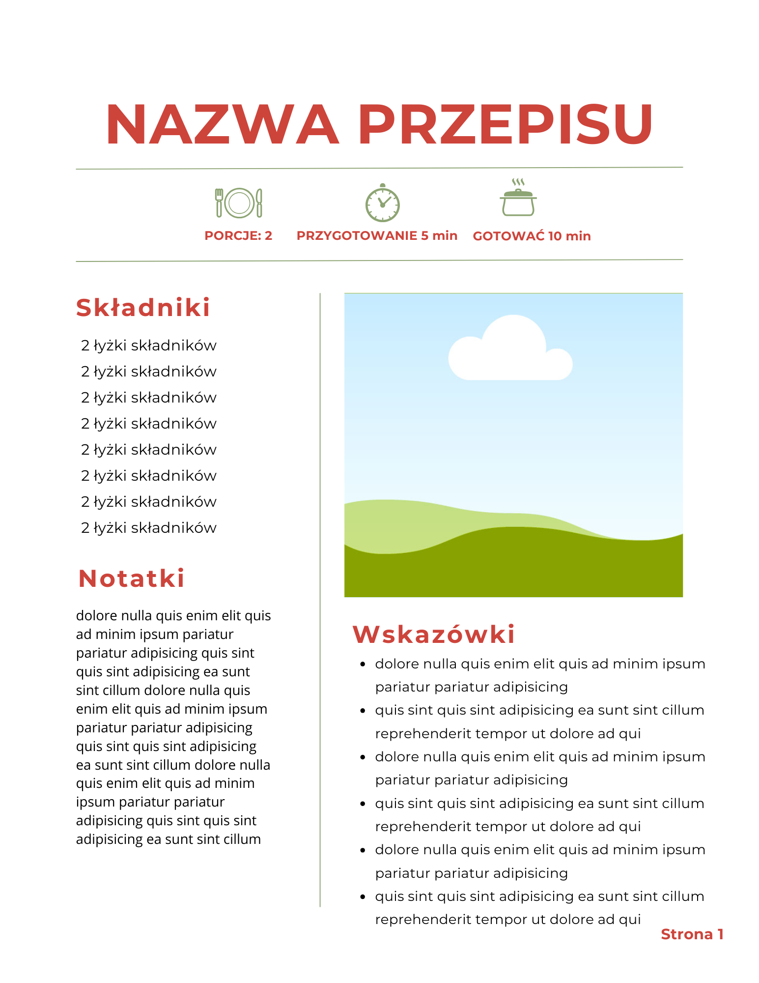 Podgląd szablonu: karta przepisu z ikonami porcji i czasu gotowania