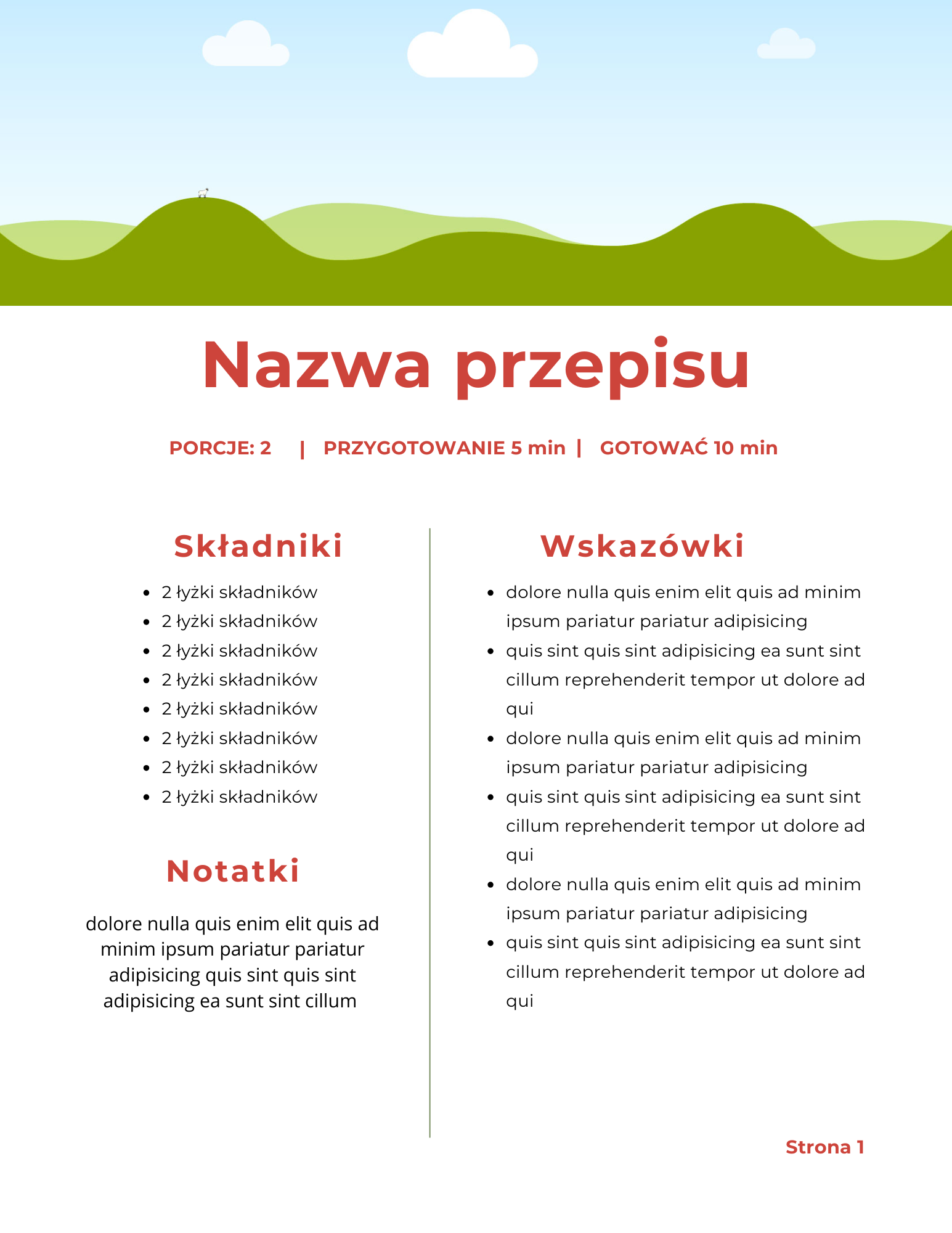Podgląd szablonu: karta przepisu ze składnikami, wskaz&oacute;wkami i notatkami