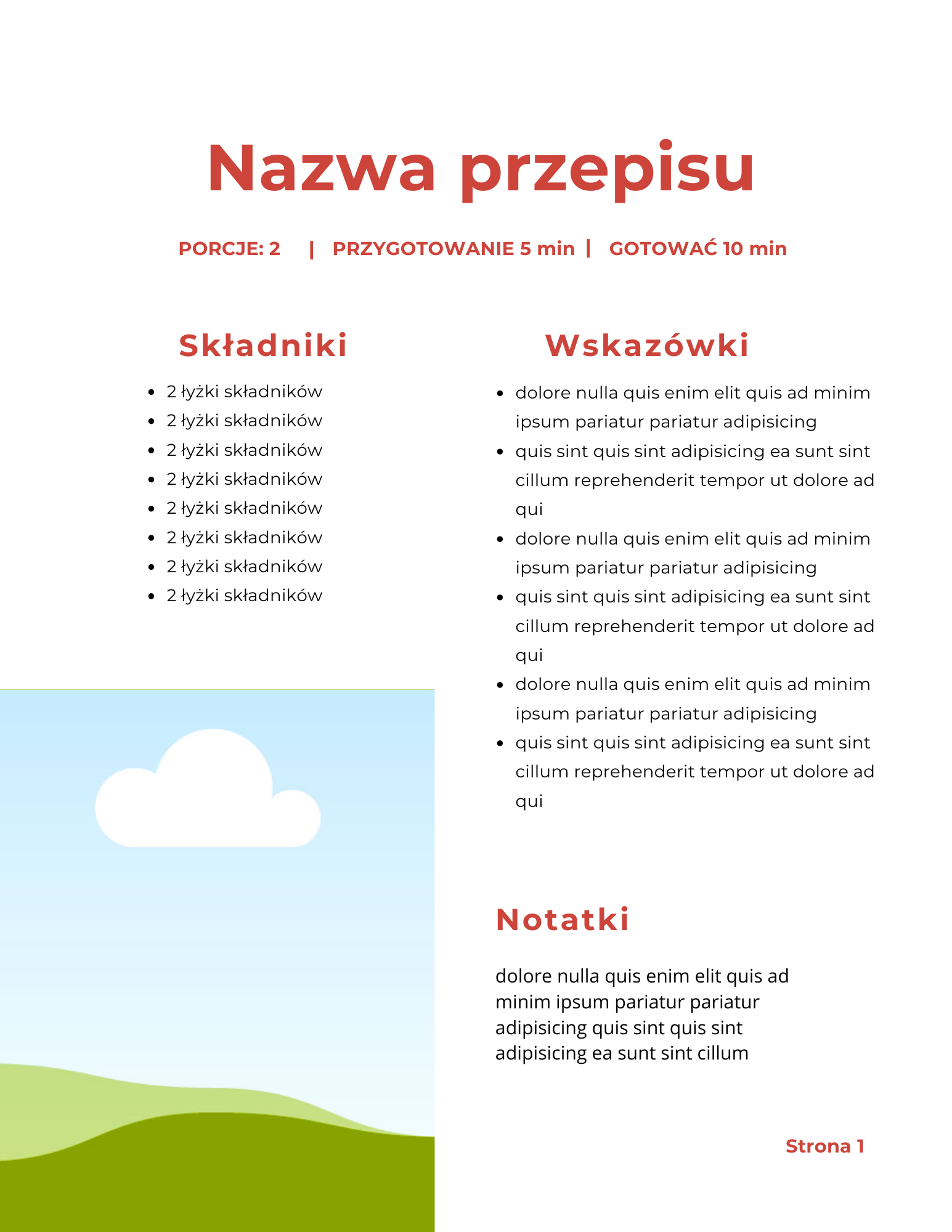 Podgląd szablonu: karta przepisu z miejscem na zdjęcie potrawy