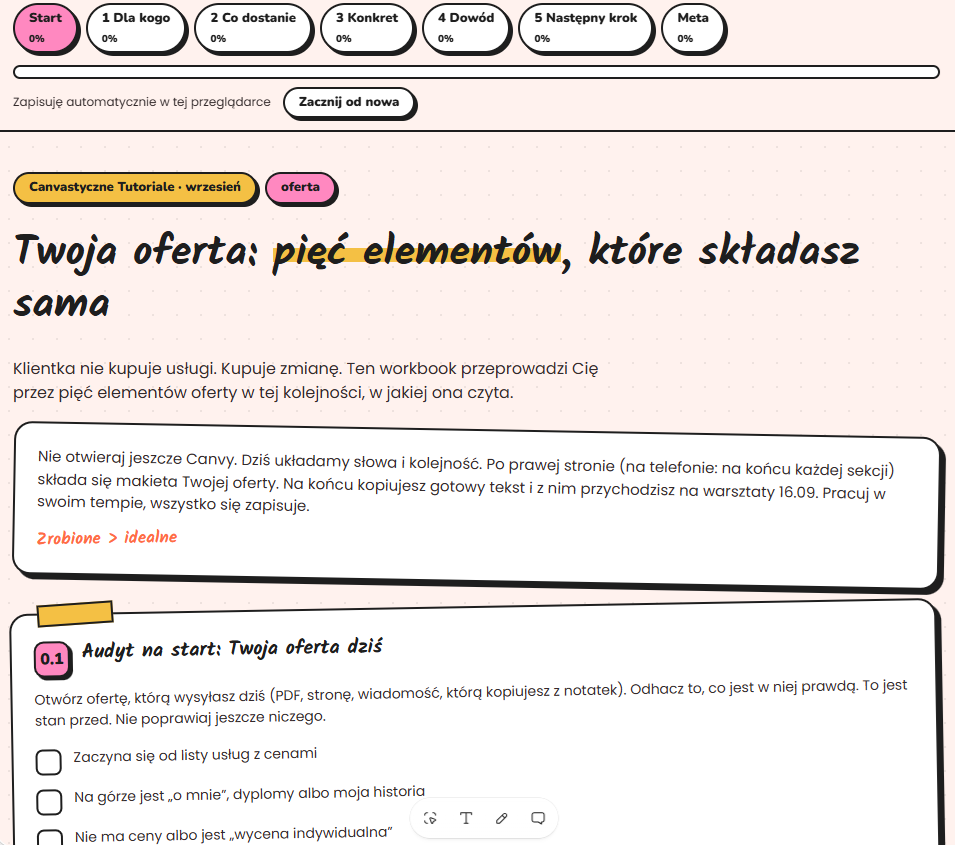 Workbook Twoja oferta w pięciu krokach zbudowany w Lovable