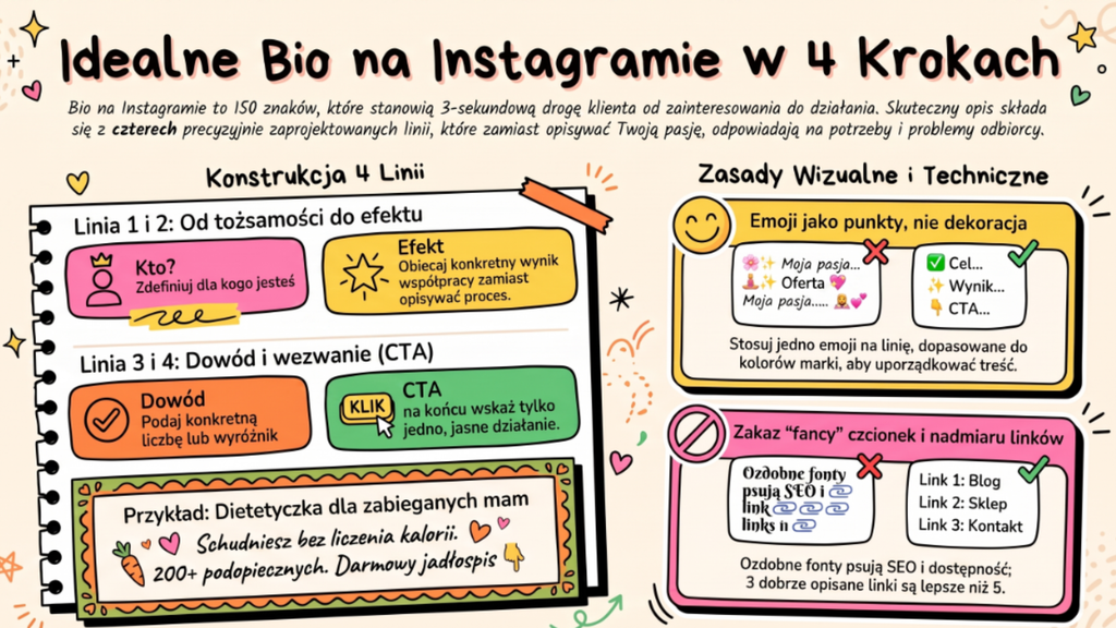 Bio na Instagramie dla solo-biznesu: wz&oacute;r w 4 linijkach na przykładzie profilu dietetyczki