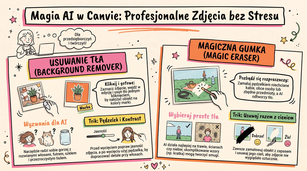 Canva AI 2026, panel z funkcjami AI w edytorze Canvy na ekranie laptopa