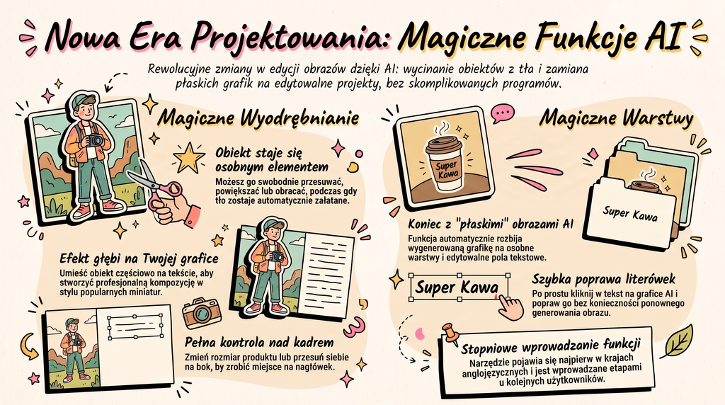 Canva AI 2026, panel z funkcjami AI w edytorze Canvy na ekranie laptopa