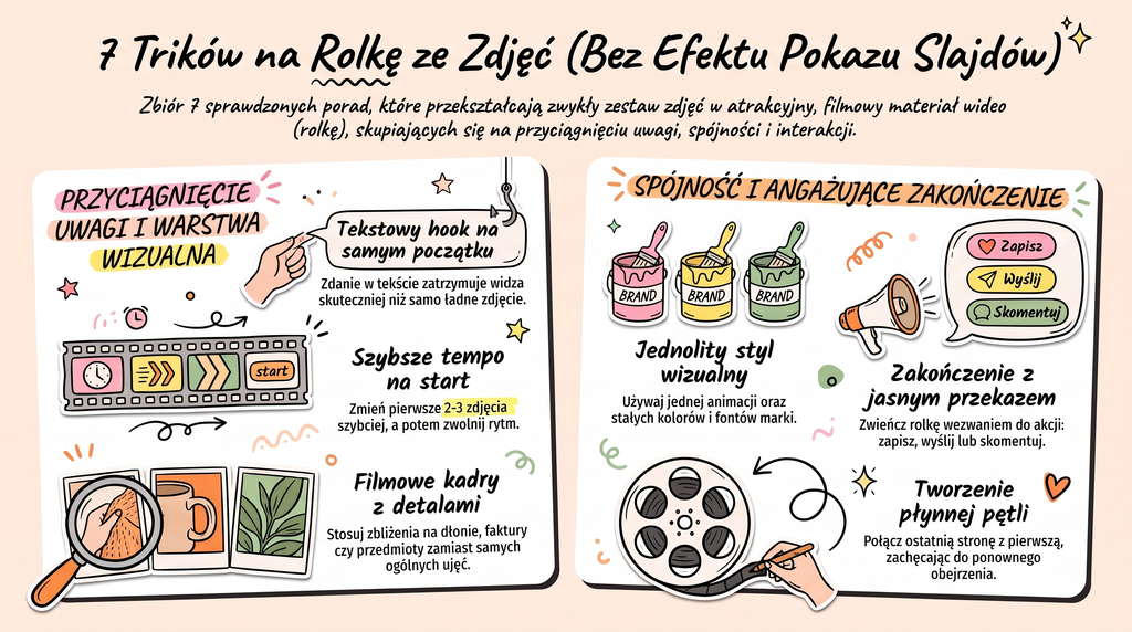Jak zrobić rolkę ze zdjęć w Canvie: pionowy projekt rolki złożony z kilku zdjęć z napisami