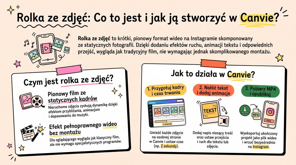 Jak zrobić rolkę ze zdjęć w Canvie: pionowy projekt rolki złożony z kilku zdjęć z napisami
