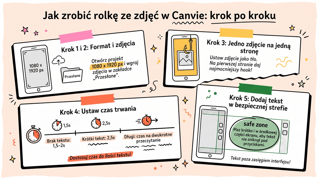 Jak zrobić rolkę ze zdjęć w Canvie: pionowy projekt rolki złożony z kilku zdjęć z napisami